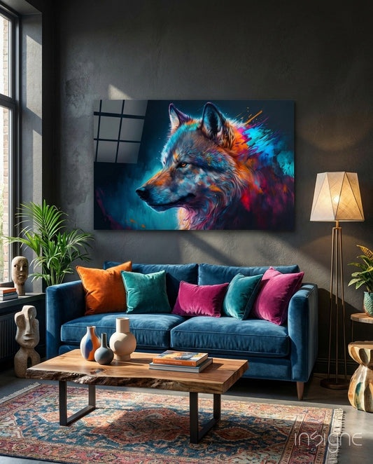 Wolf glass wall art - vibrant animal design