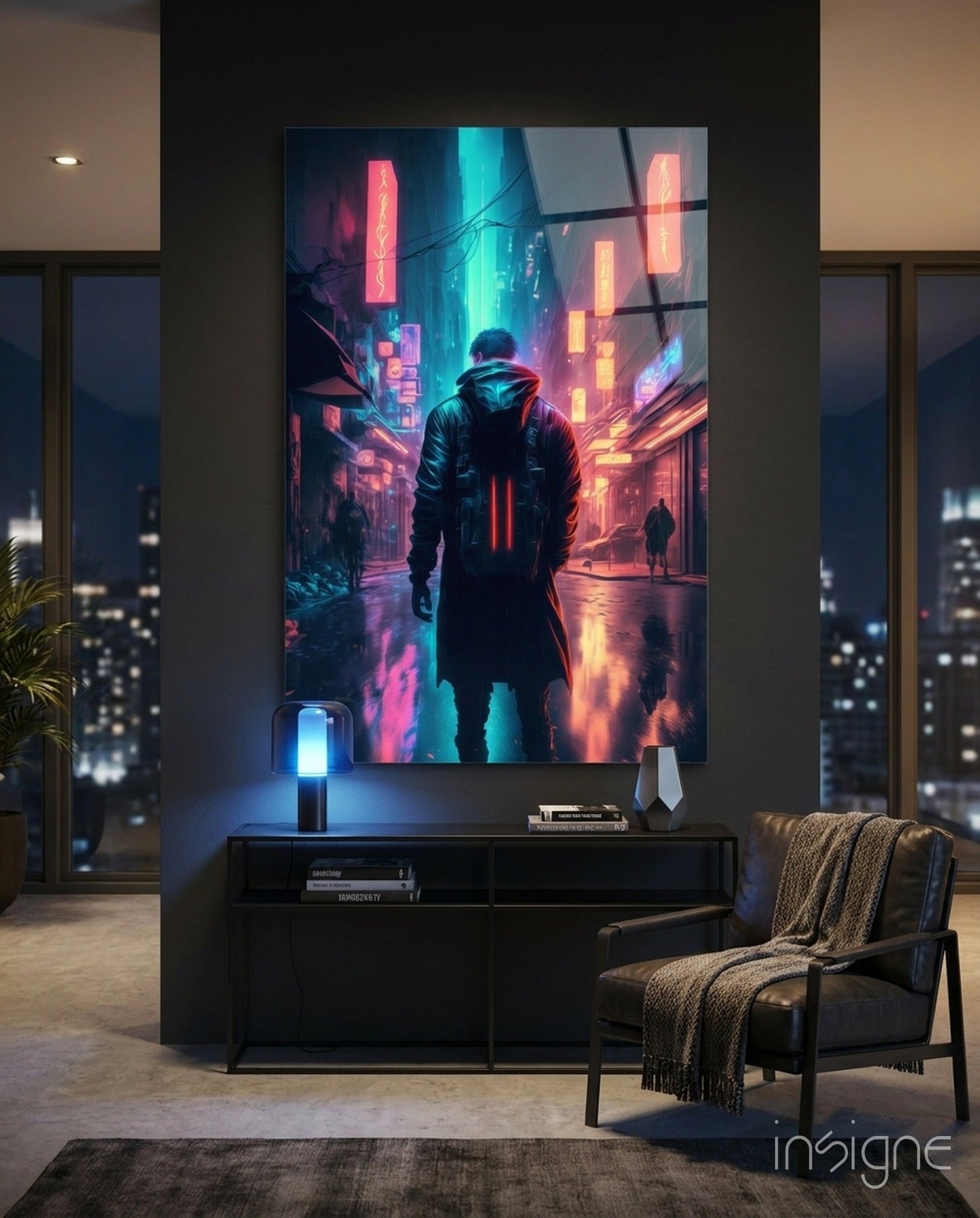 Cyberpunk glass wall art neon cityscape