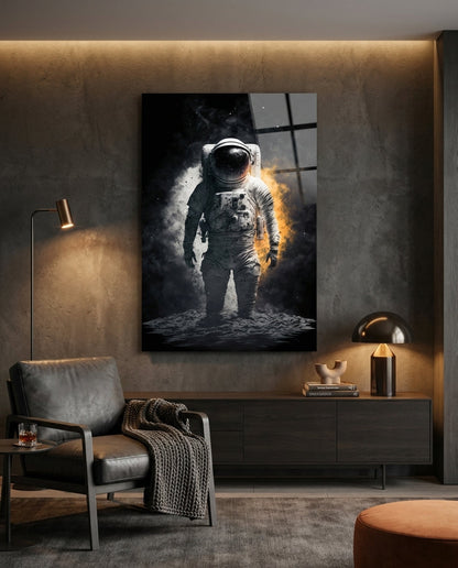 Lone astronaut with an ember glow glass wall art on a dark concrete wall above a sideboard beside a leather armchair