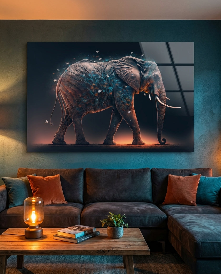 Patterned elephant glass wall art above a dark sectional sofa with rust cushions and a wooden coffee table