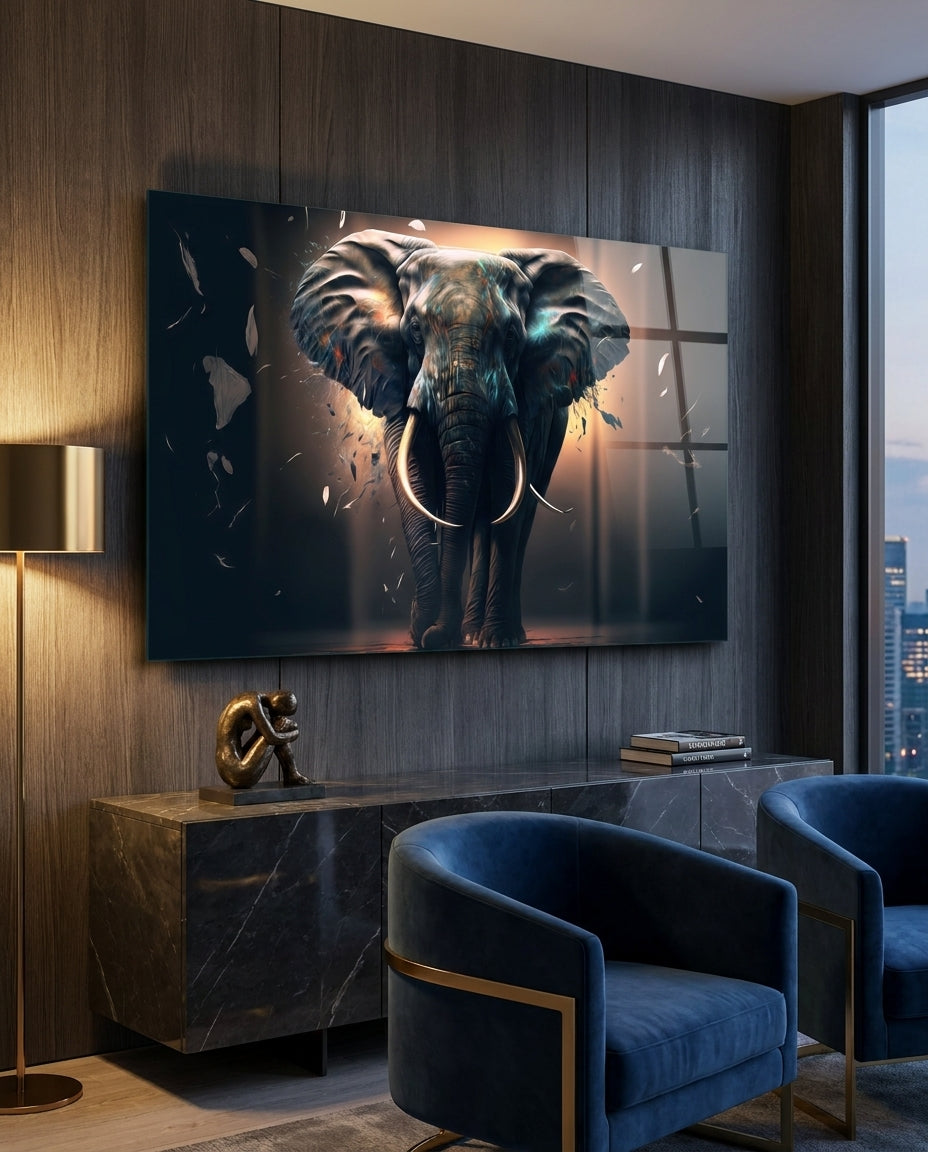 Elephant glass wall art in a wood-paneled room above a dark console beside blue velvet armchairs