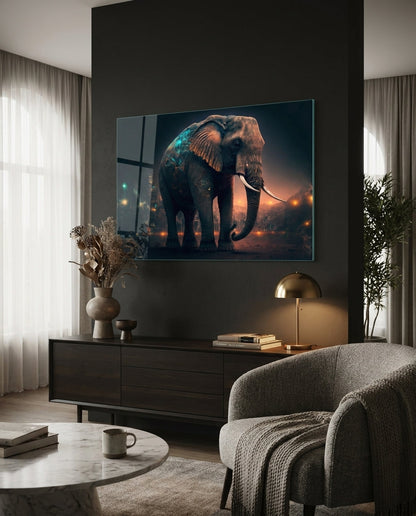 Elephant glass wall art above a dark sideboard beside a cream armchair and a round marble table