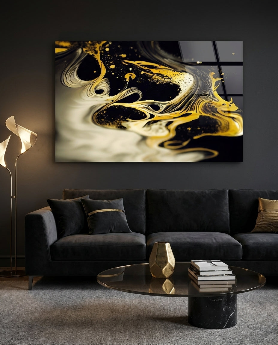 Black and gold fluid swirl glass wall art above a black velvet sofa with gold cushions and a round glass coffee table