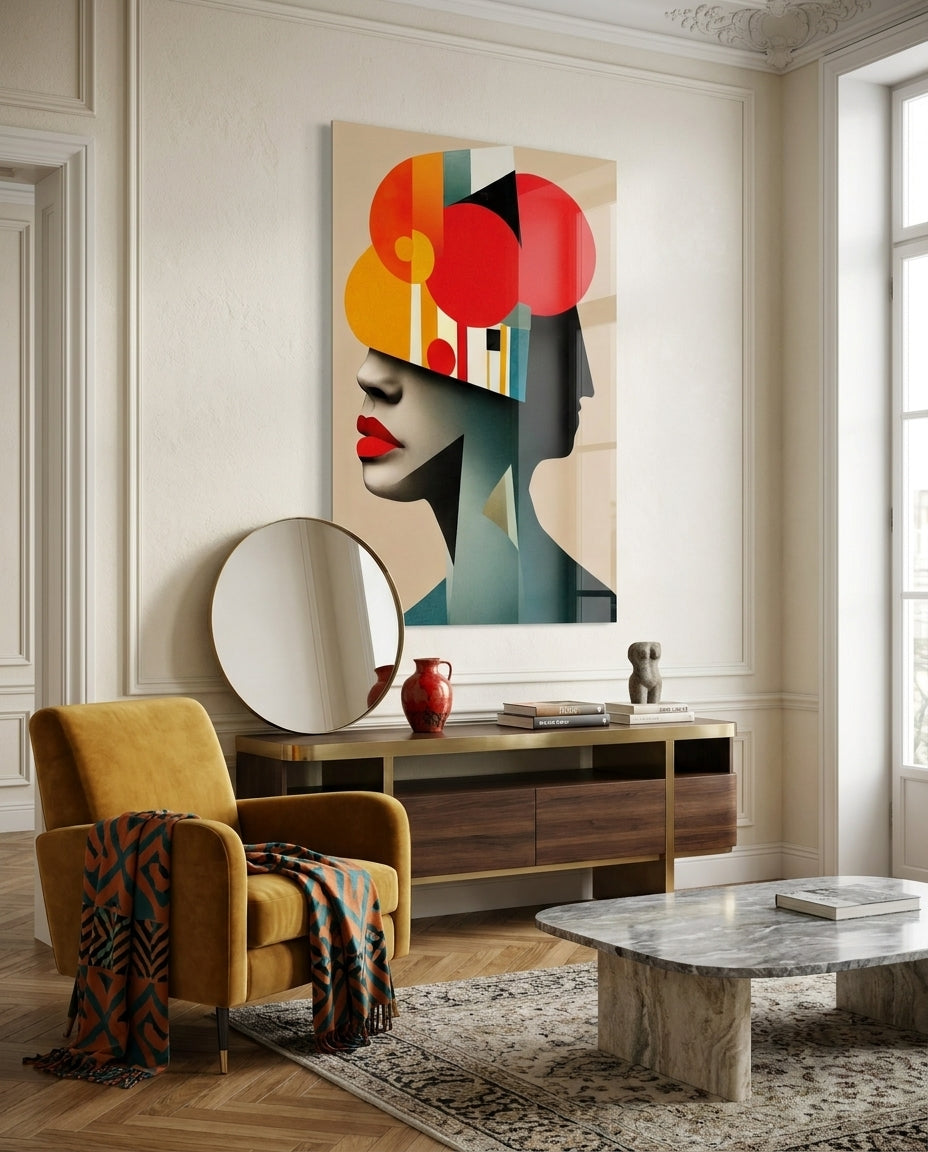 Geometric woman profile glass wall art above a wooden sideboard beside a mustard armchair and a round mirror