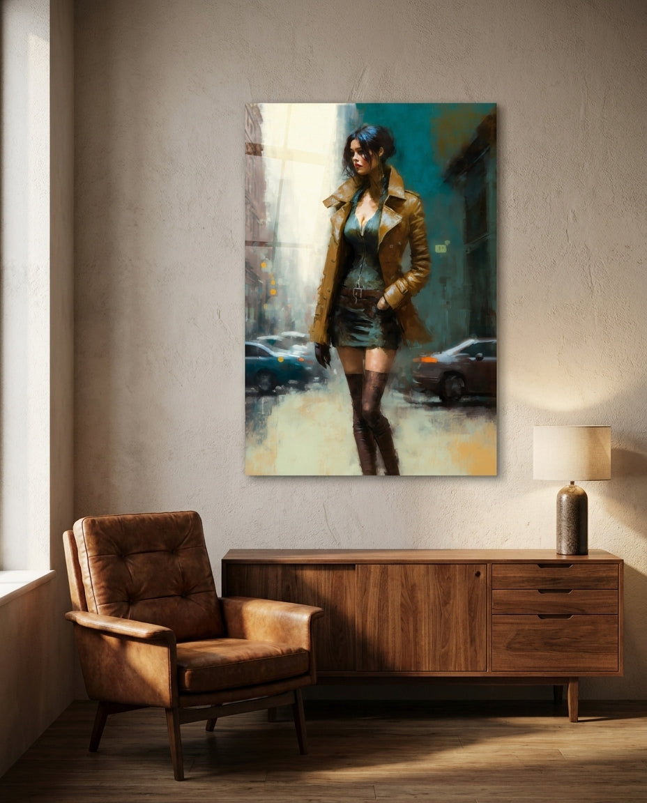 Woman in tan trench coat glass wall art above a walnut sideboard beside a leather armchair