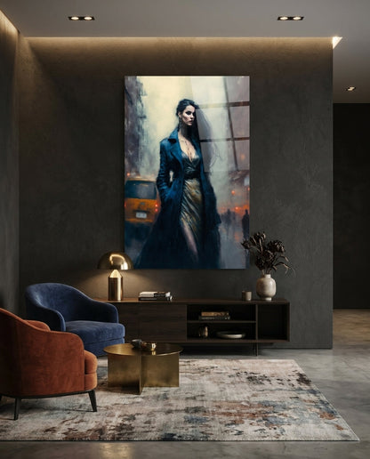 Midnight blue coat woman glass wall art in a dark room with velvet chairs and a low sideboard