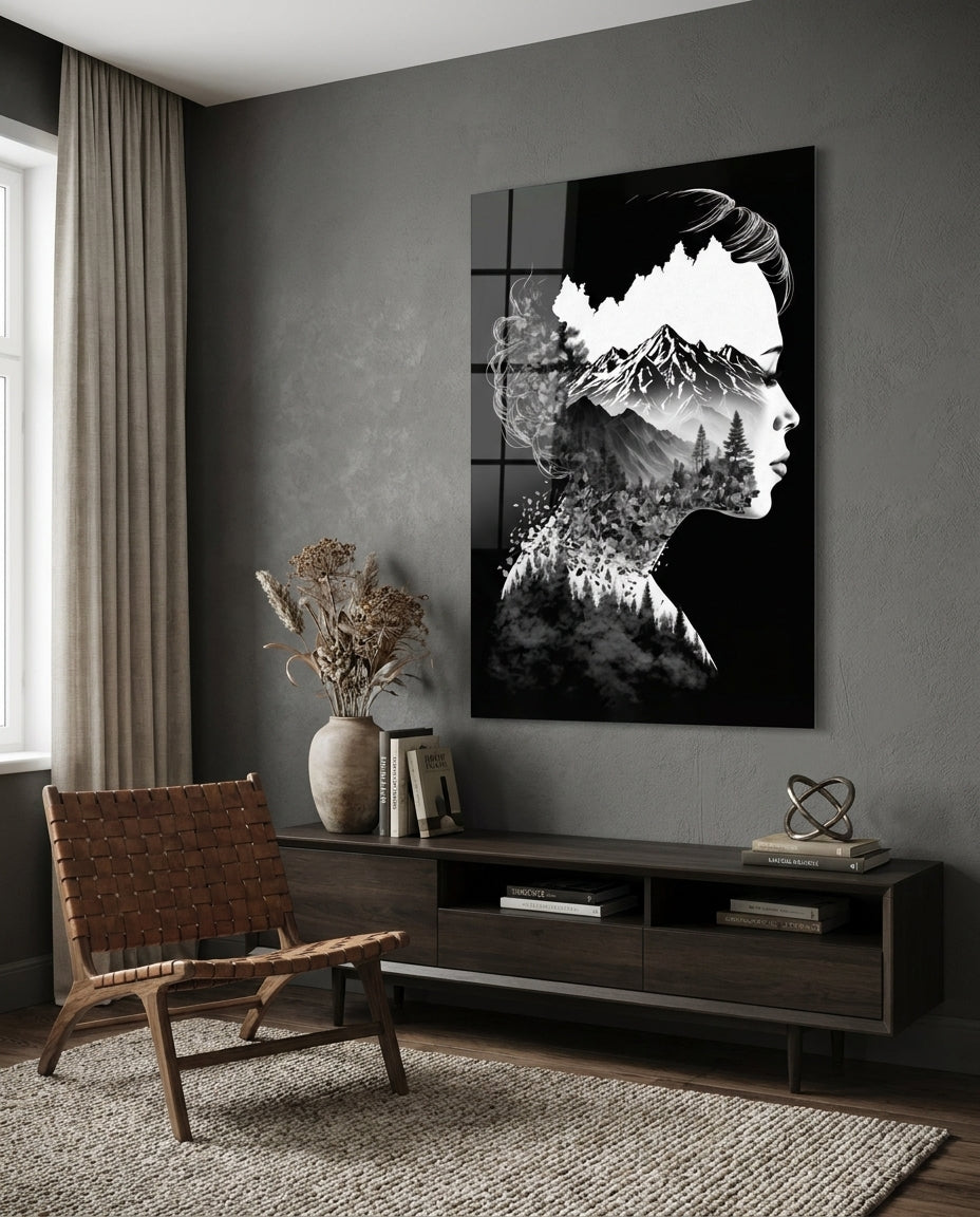 Woman profile filled with a mountain forest glass wall art above a dark wood console beside a woven leather chair