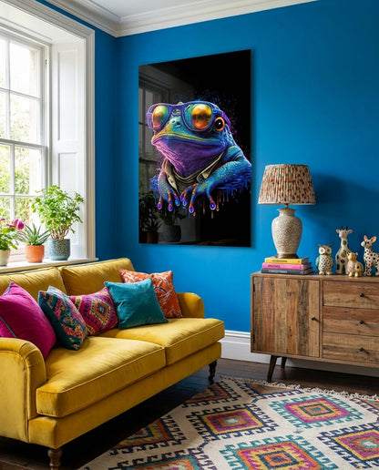 Blue frog in rainbow sunglasses glass wall art on a bright blue wall above a yellow sofa and wooden cabinet
