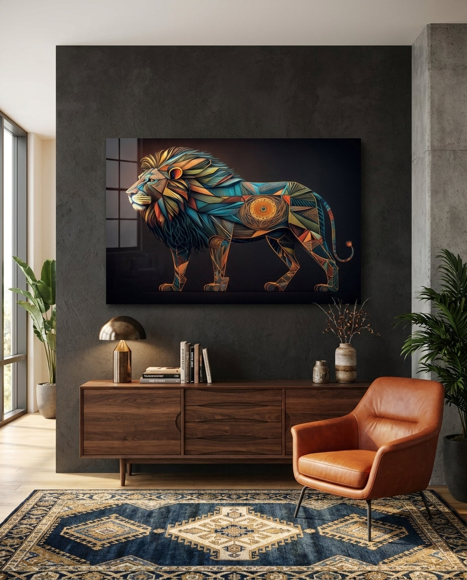 Geometric lion glass wall art on a dark wall above a wood sideboard beside a tan leather armchair