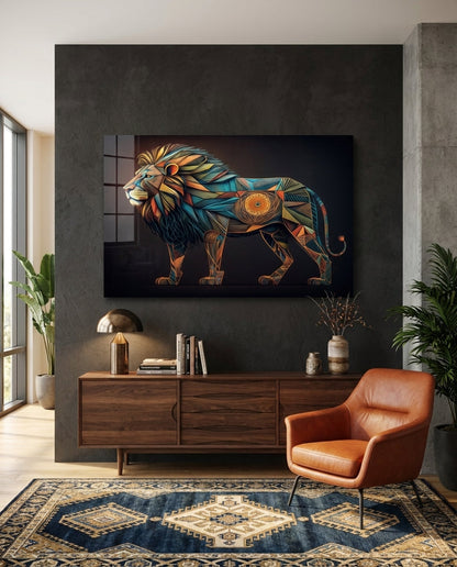 Geometric lion glass wall art on a dark wall above a wood sideboard beside a tan leather armchair