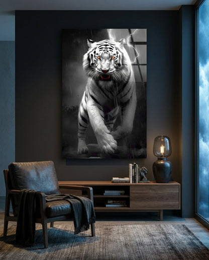 White tiger in rain and lightning glass wall art on a dark blue wall above a wooden desk and gray armchair