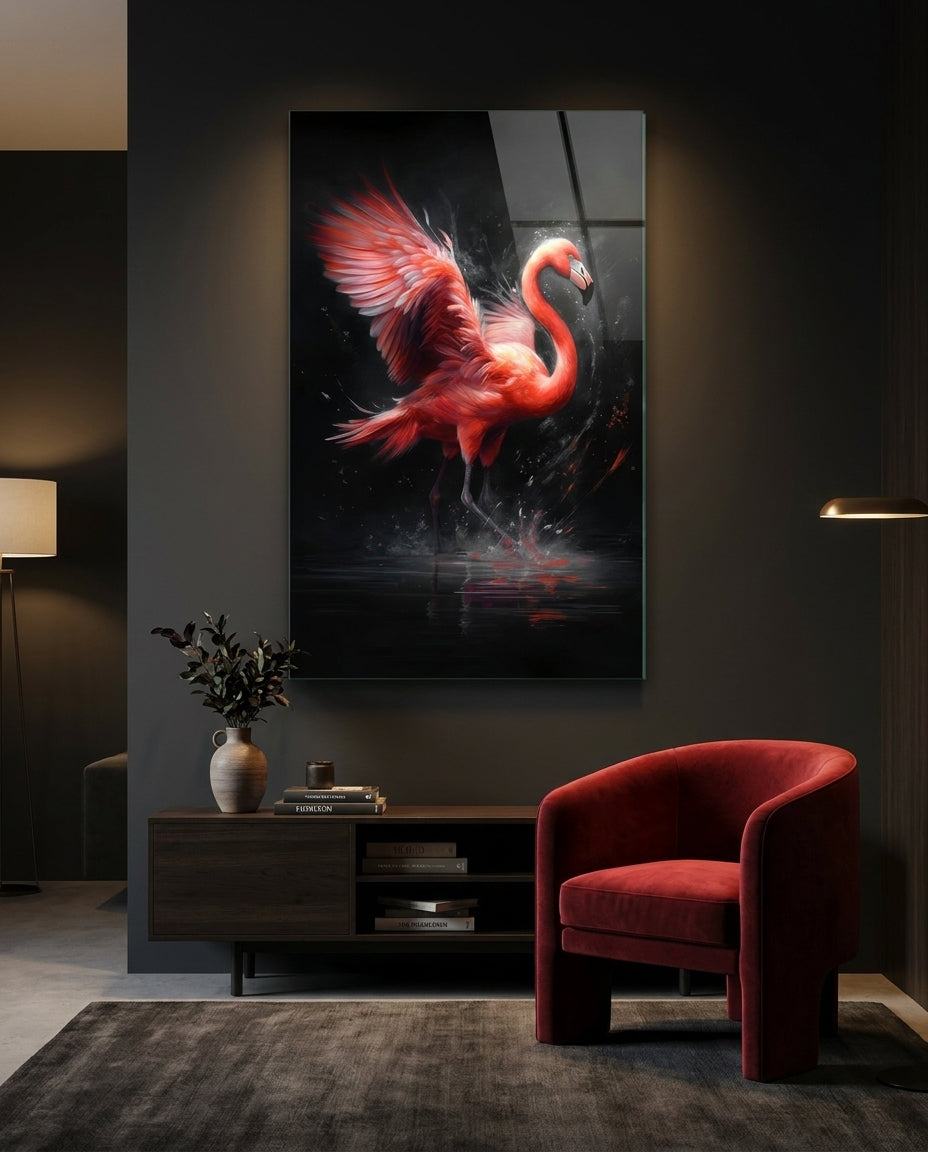 Pink flamingo glass wall art on a dark wall above a low sideboard beside a red velvet armchair