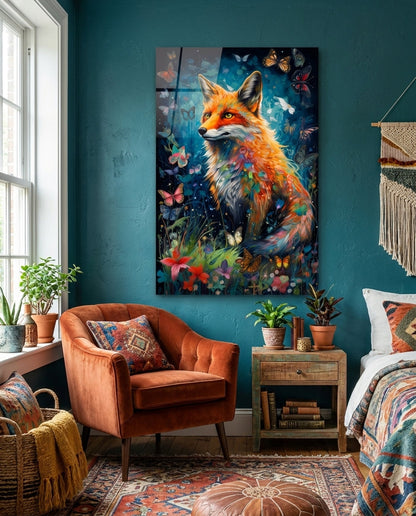 Red fox in a butterfly meadow glass wall art on a teal wall above an orange armchair and a wooden side table