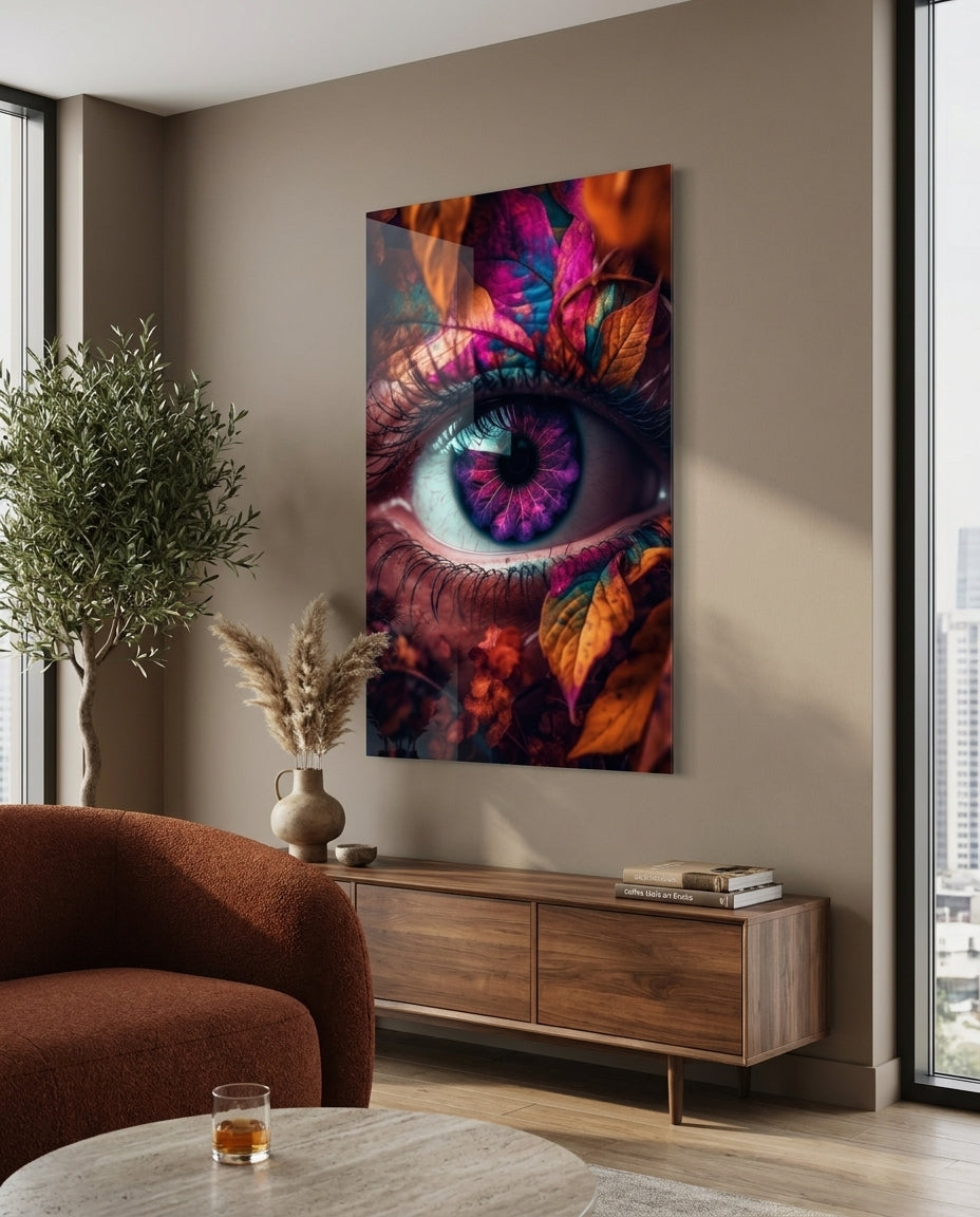 Violet eye and autumn leaves glass wall art above a walnut sideboard beside a rust armchair and olive tree