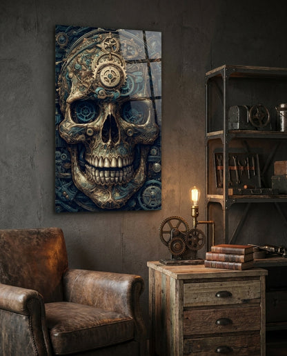 Steampunk clockwork skull glass wall art above a wooden drawer chest and a leather armchair in a dim study