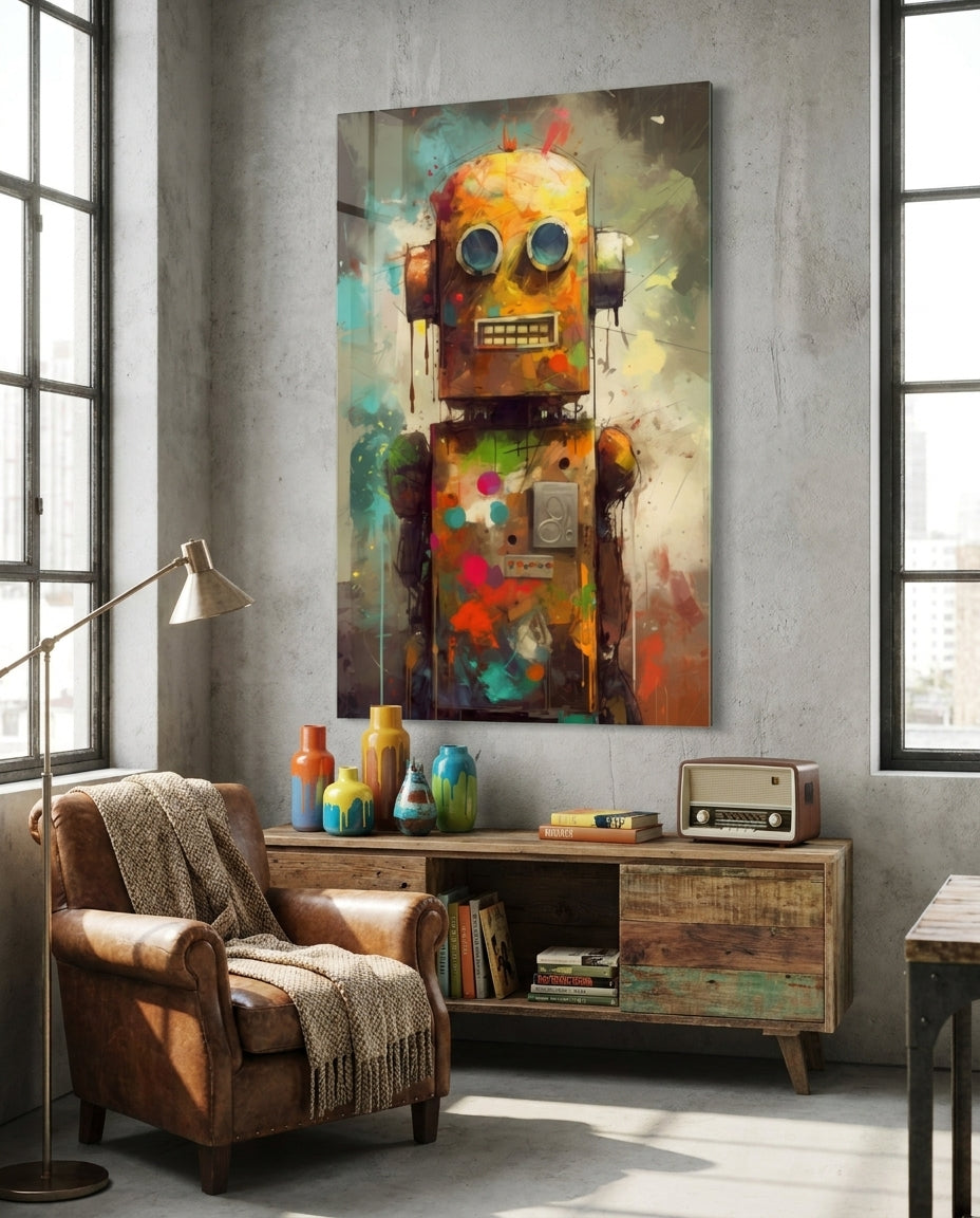 Vintage tin toy robot glass wall art above a wooden sideboard beside a leather armchair