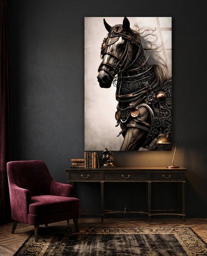 Armored war horse glass wall art above a dark wooden console with old books beside a red velvet armchair