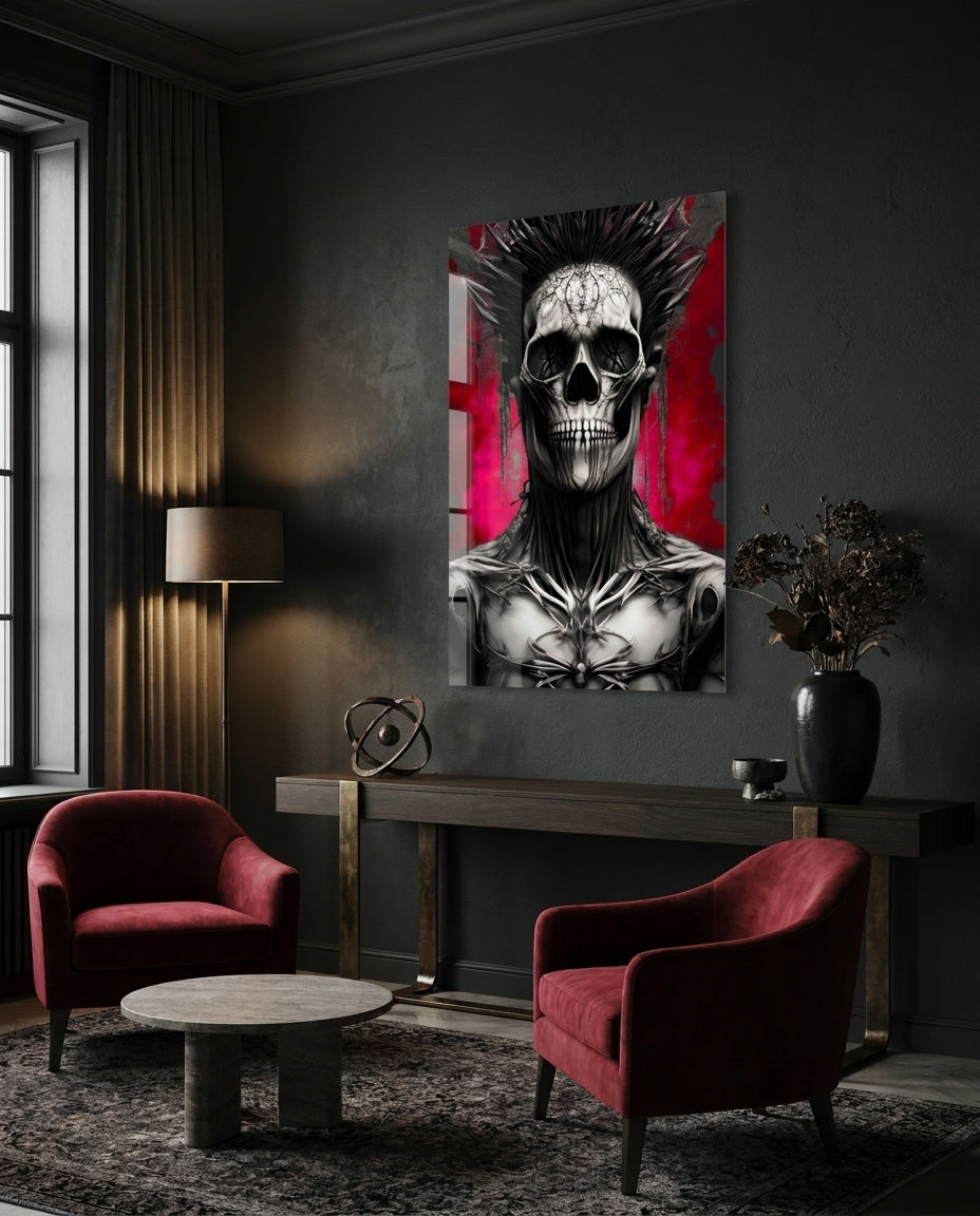 Crimson skull warrior glass wall art above a dark console beside two red velvet armchairs and a floor lamp