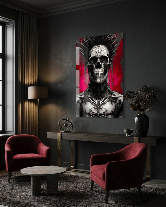 Crimson skull warrior glass wall art above a dark console beside two red velvet armchairs and a floor lamp