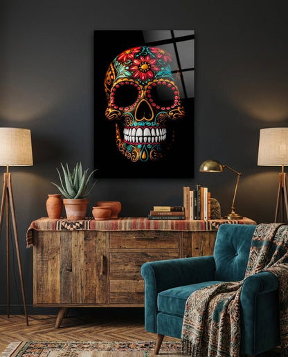 Red and turquoise sugar skull glass wall art above a rustic wood sideboard with clay pots and a teal armchair