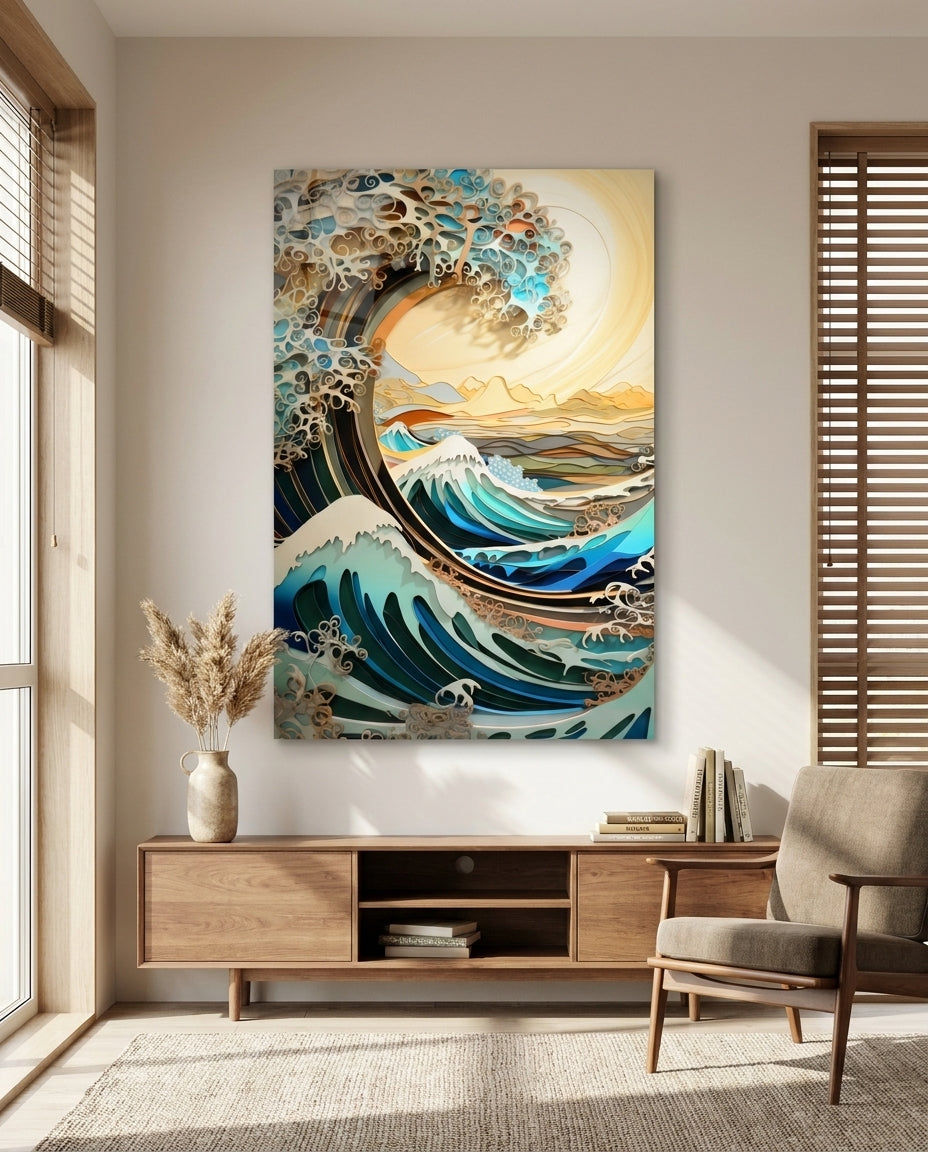 Quilled ocean wave glass wall art above a light wood media console beside an armchair