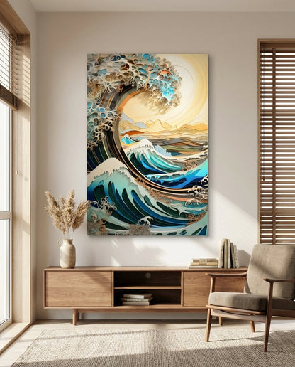 Quilled ocean wave glass wall art above a light wood media console beside an armchair