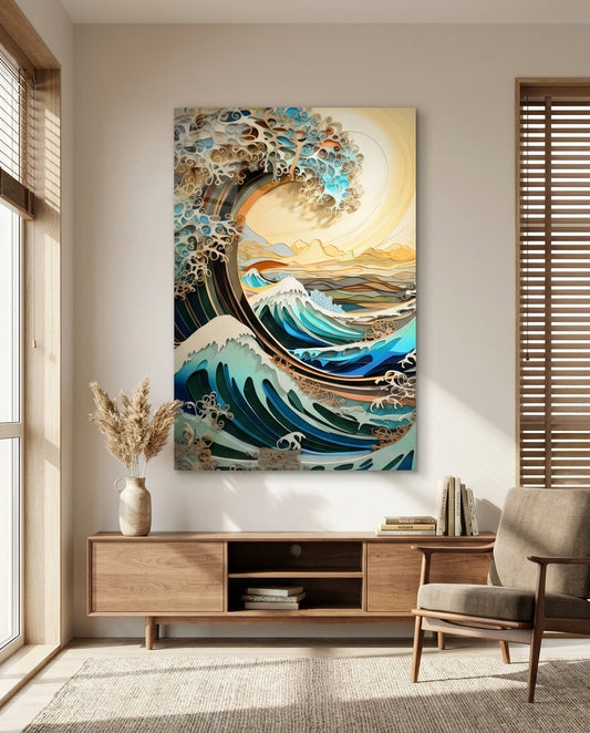Quilled ocean wave glass wall art above a light wood media console beside an armchair