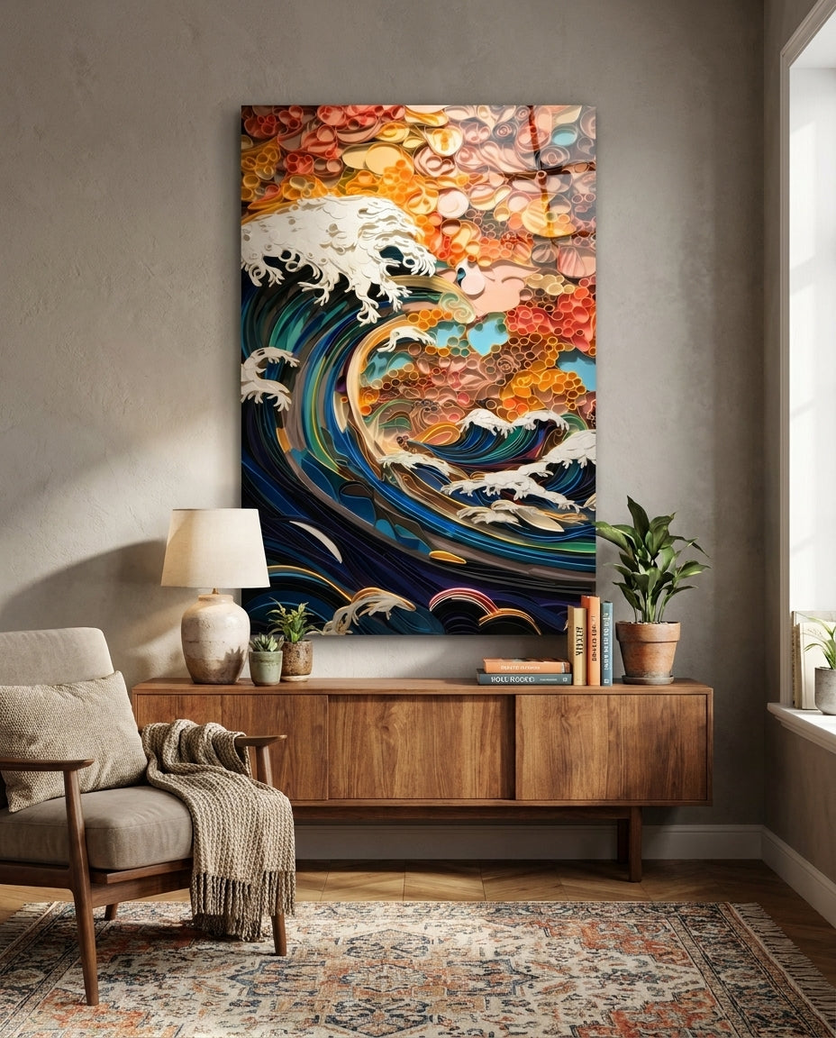 Quilled ocean wave glass wall art above a wooden sideboard beside an armchair and a table lamp