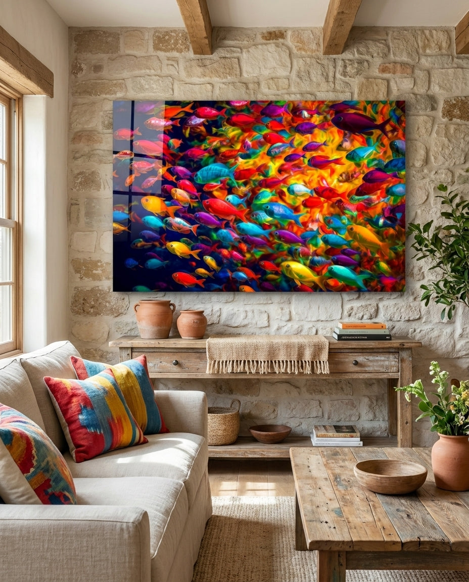 Colorful tropical fish glass wall art above a rustic console against a stone wall with a sofa