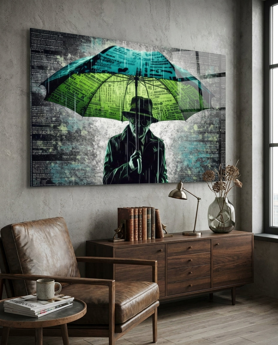 Man in Hat Under Green Umbrella glass wall art above a wooden dresser beside a leather armchair in a gray-walled room