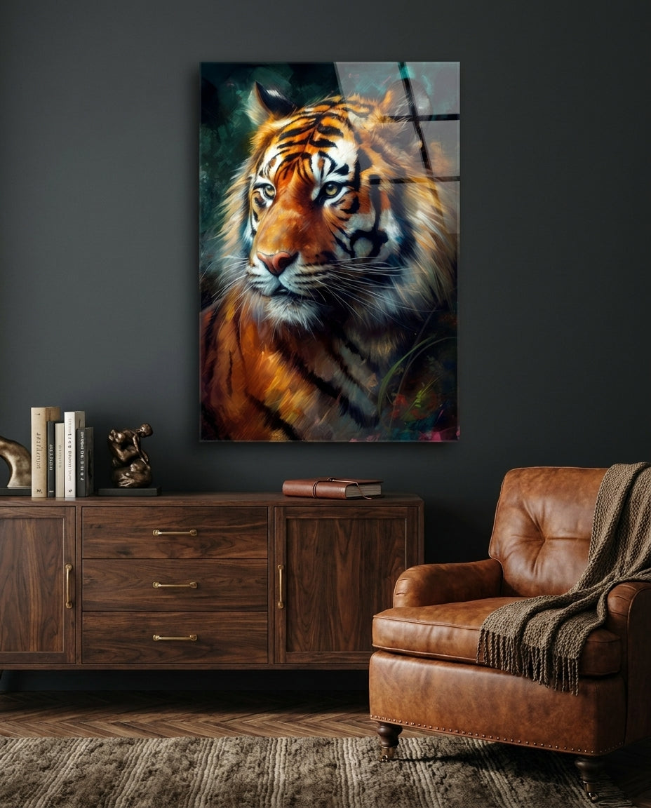 Bengal tiger glass wall art on a dark green wall above a wooden dresser beside a brown leather armchair