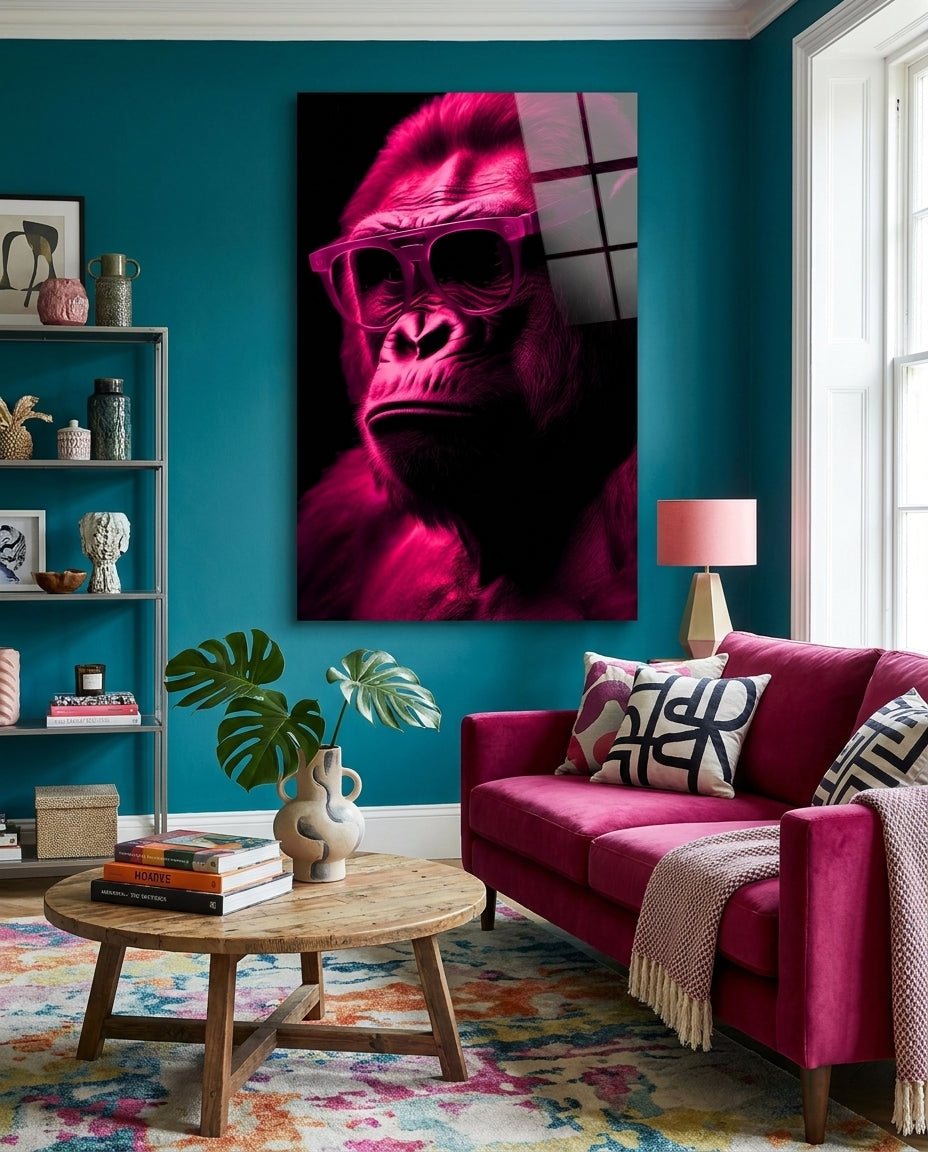 Pink thinking gorilla in sunglasses glass wall art on a teal wall above a magenta sofa and a round wooden coffee table