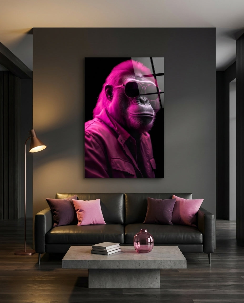 Pink gorilla glass wall art above a dark leather sofa with pink cushions and a stone coffee table