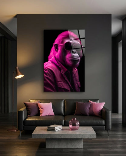 Pink gorilla glass wall art above a dark leather sofa with pink cushions and a stone coffee table