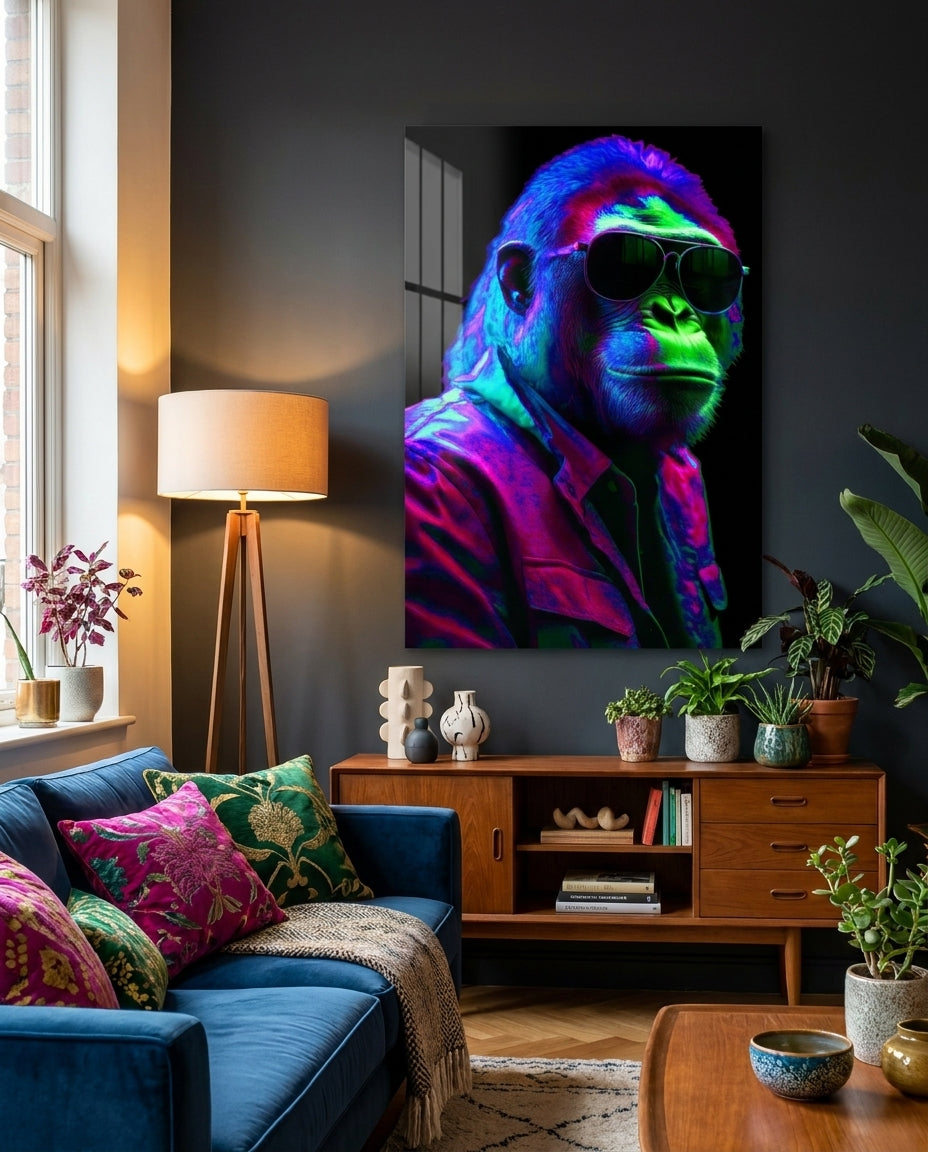 Neon gorilla in sunglasses glass wall art above a wooden sideboard beside a blue sofa and lamps
