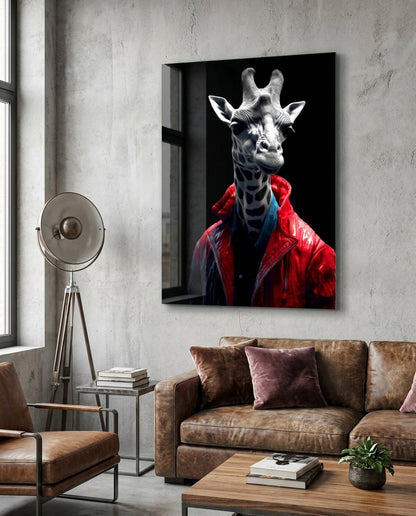 Giraffe in a red jacket glass wall art on a concrete loft wall above a brown leather sofa and tripod lamp
