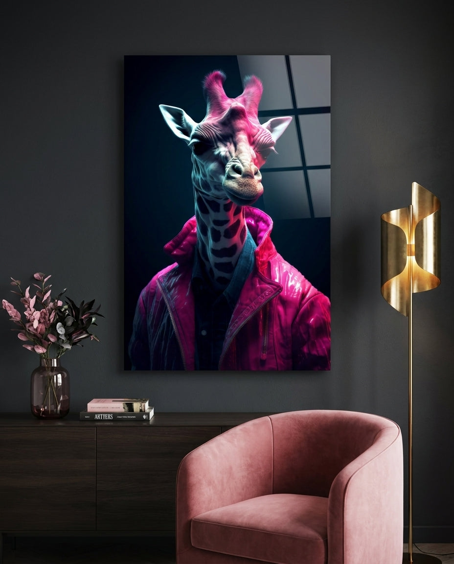 Giraffe in pink jacket glass wall art on a dark wall above a pink velvet armchair and gold lamp
