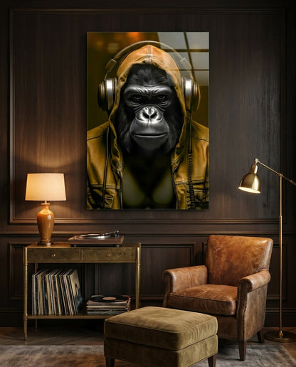 Yellow hooded gorilla glass wall art in a wood-paneled room with a lamp, record console and leather armchair