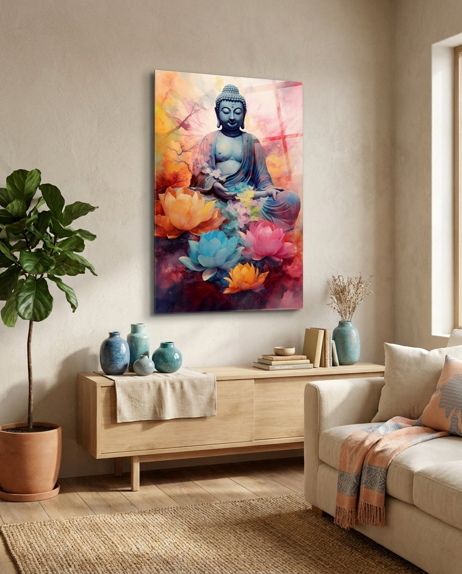 Blue Buddha with pastel lotus flowers glass wall art above a light wood sideboard with teal vases beside a cream sofa