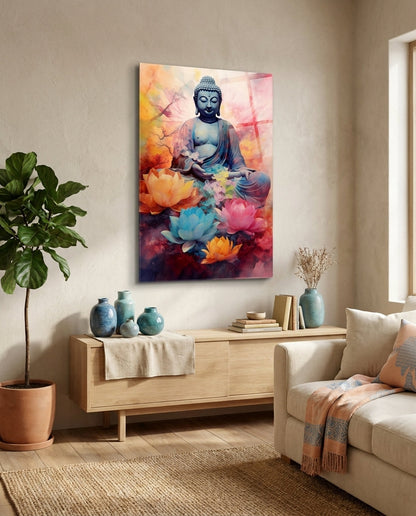 Blue Buddha with pastel lotus flowers glass wall art above a light wood sideboard with teal vases beside a cream sofa