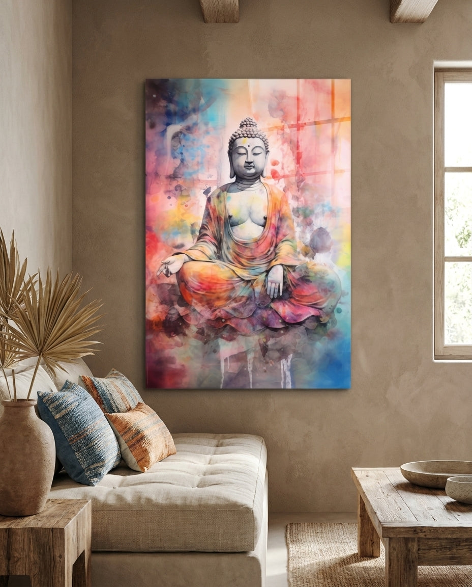 Watercolor meditating Buddha glass wall art on a warm plaster wall above a cream daybed with blue cushions