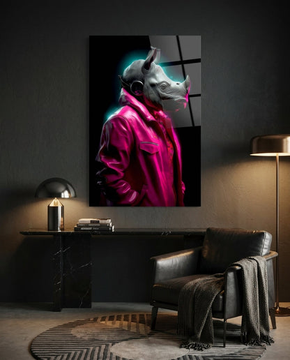 Rhino in pink jacket glass wall art in a dark study above a desk beside a black leather lounge chair