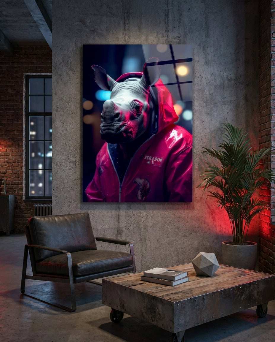 Rhino in a pink rain jacket glass wall art on a dark brick loft wall above a gray armchair and rustic coffee table