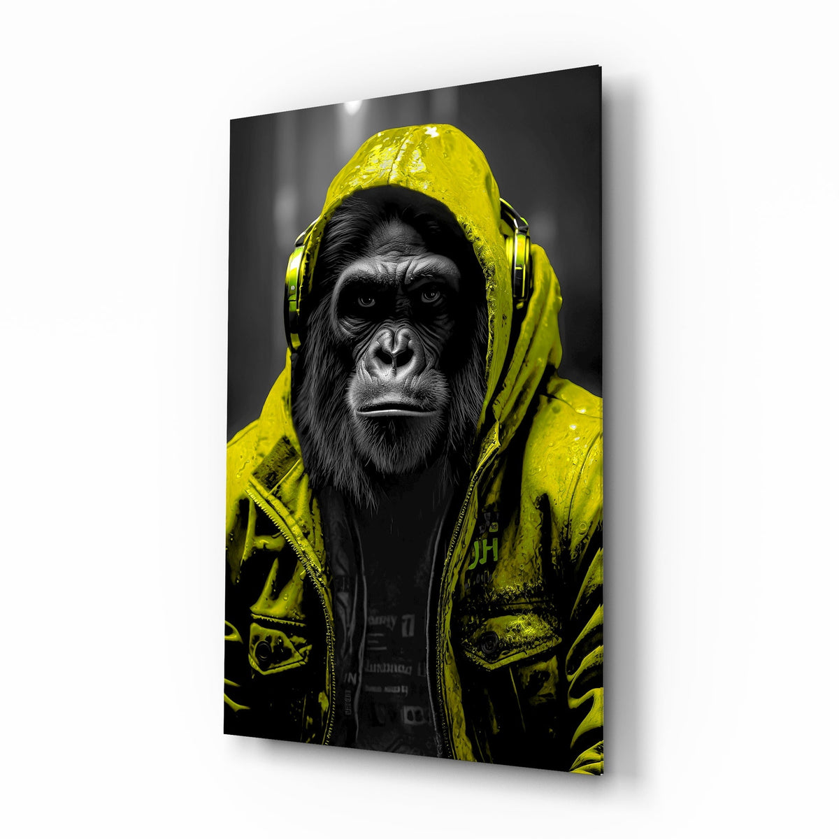Yellow rain hood gorilla glass wall art, larger front view on a plain white background