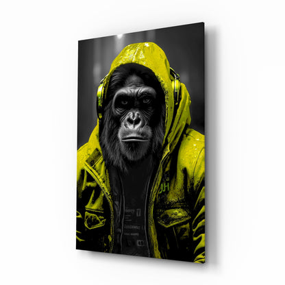 Yellow rain hood gorilla glass wall art, larger front view on a plain white background