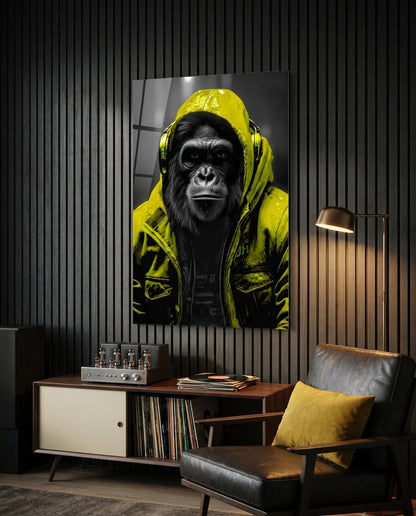 Yellow rain hood gorilla glass wall art on a dark slatted wall above a record cabinet and leather chair