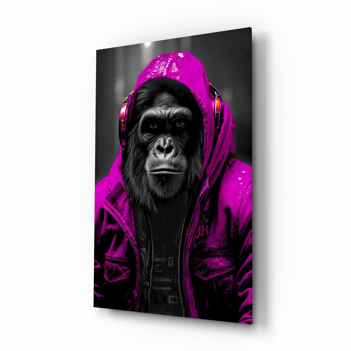 Pink rain hood gorilla glass wall art, larger front view on a plain white background