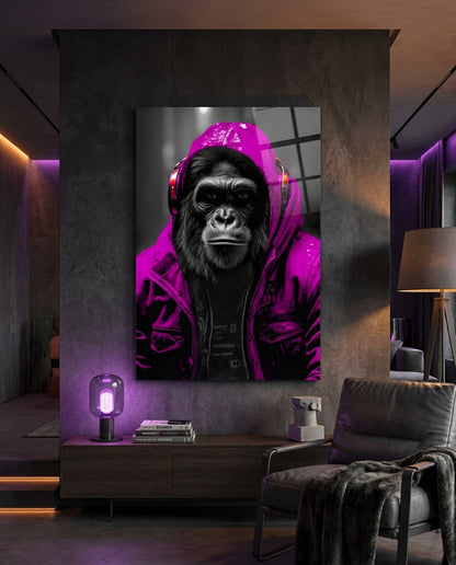 Pink rain hood gorilla glass wall art in a dark lounge with a purple lamp and gray armchair