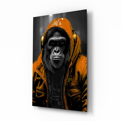 Orange rain hood gorilla glass wall art, larger front view on a plain white background
