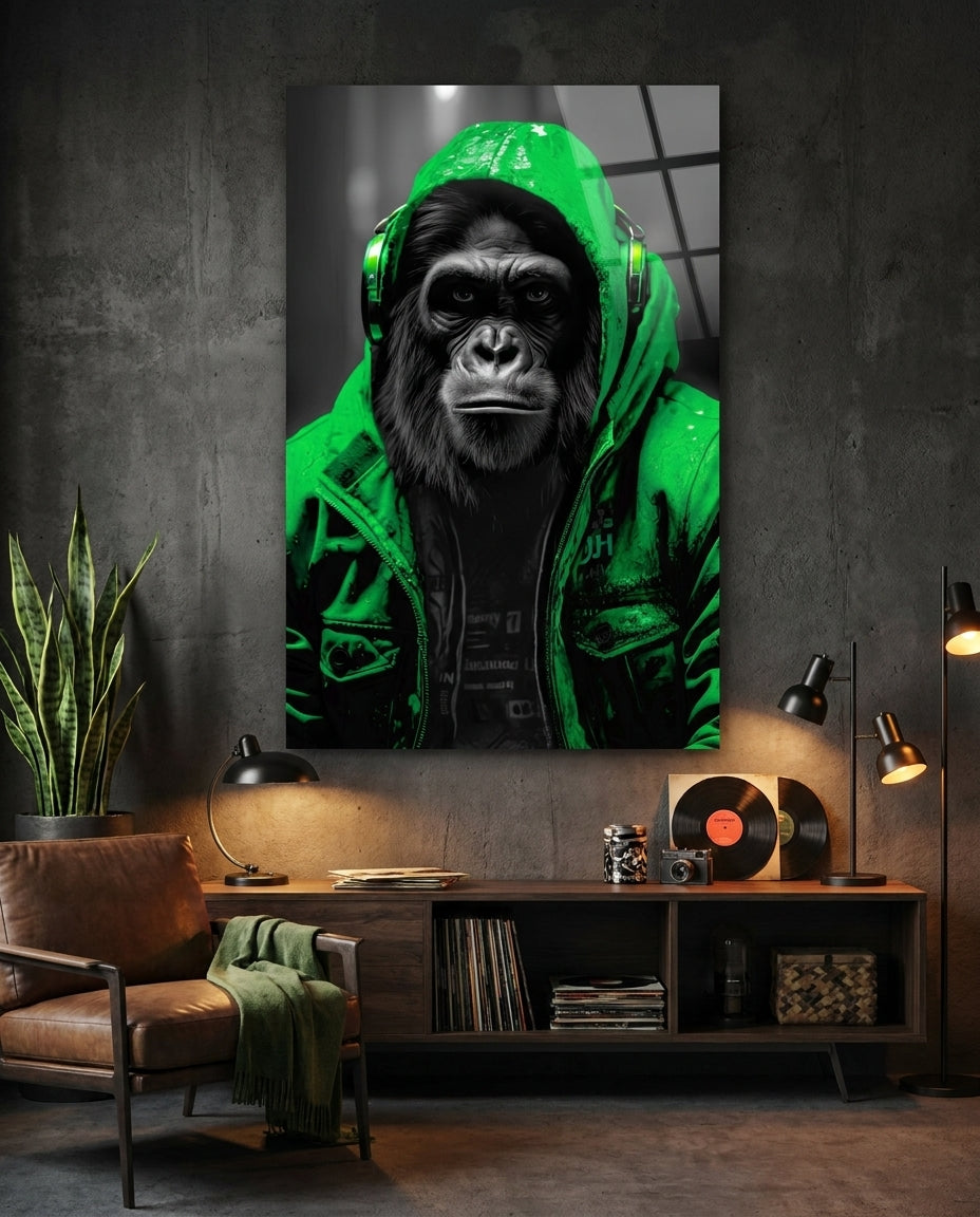 Green rain hood gorilla glass wall art above a low console with records beside a leather armchair